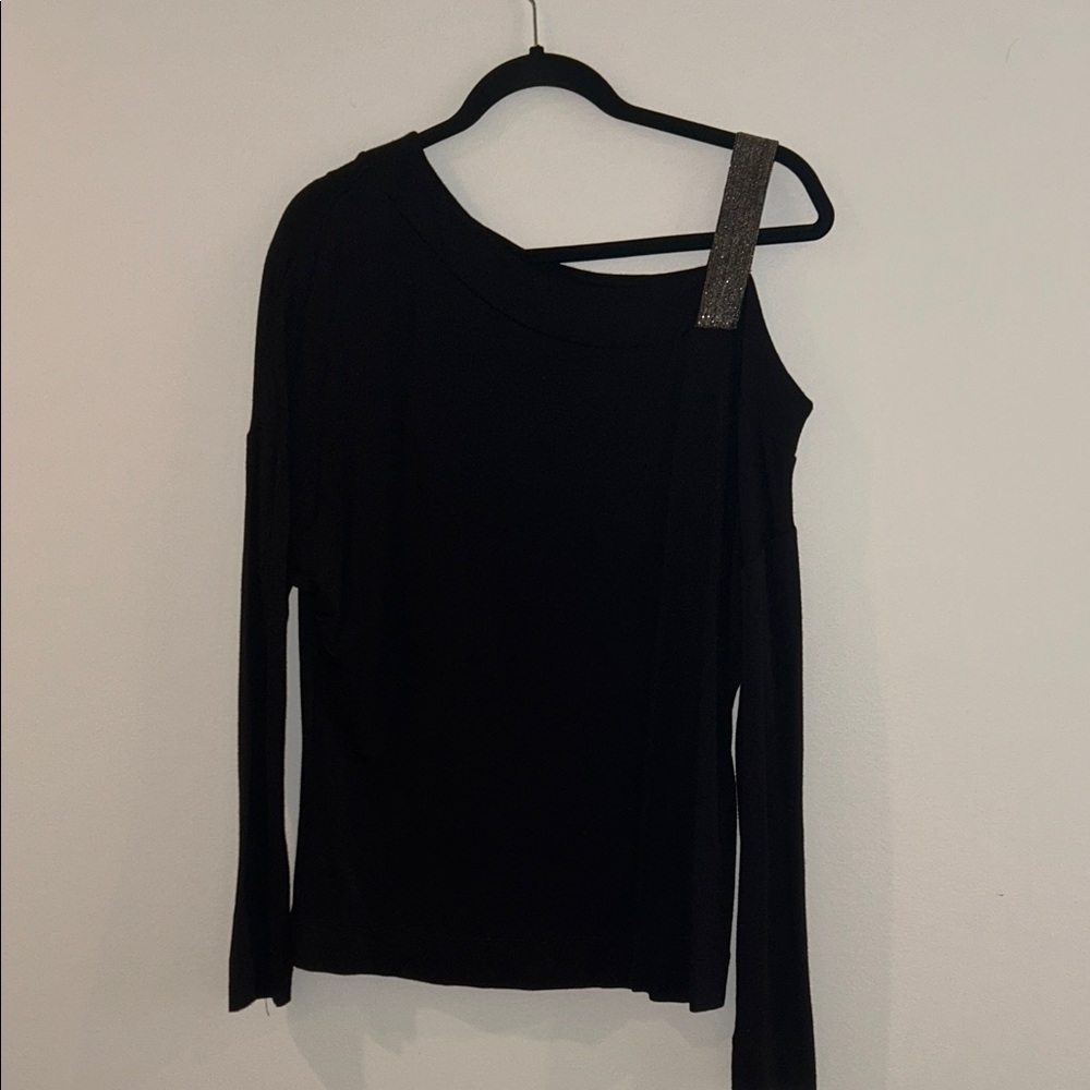 A-Symmetrical Long Sleeve Black Top with Gold Accent, Size M